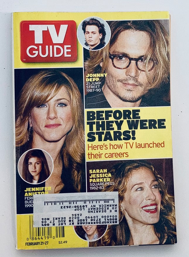TV Guide Magazine February 21 2004 featuring Jennifer Aniston, Johnny Depp, and Sarah Jessica Parker on the cover. Highlights the theme 'Before They Were Stars' and showcases the early careers of these iconic actors.