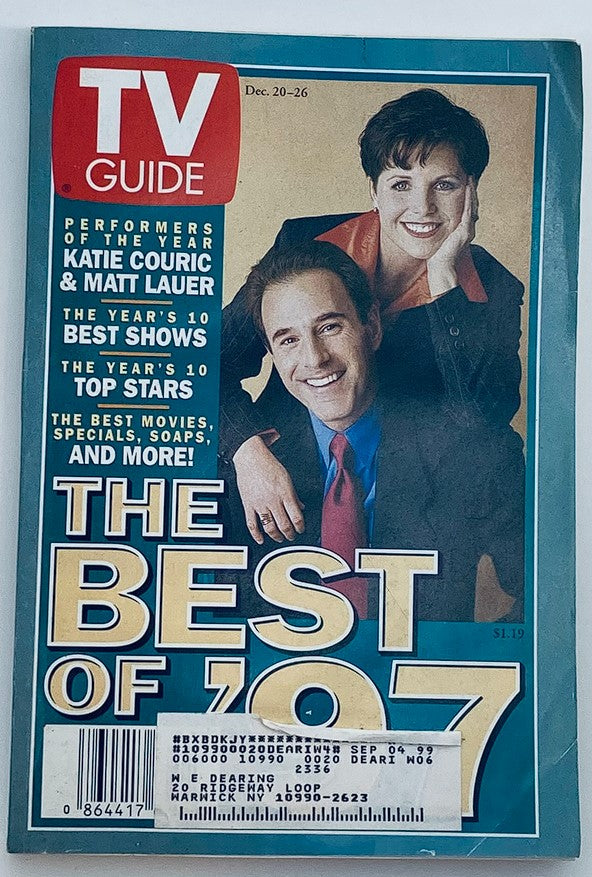 Cover of TV Guide Magazine December 20-26, 1997 featuring performers Katie Couric and Matt Lauer. Highlights include 'The Best of '97' and mentions of top shows and stars.