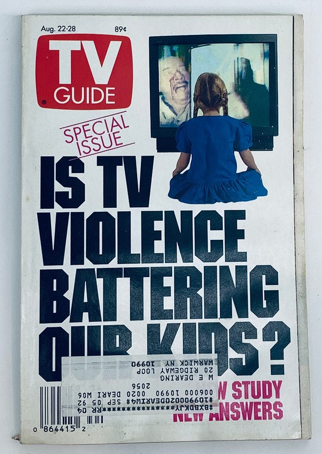 Cover of TV Guide Magazine August 22 1992 featuring the headline 'Is TV Violence Battering Our Kids?' with a girl sitting in front of a television.