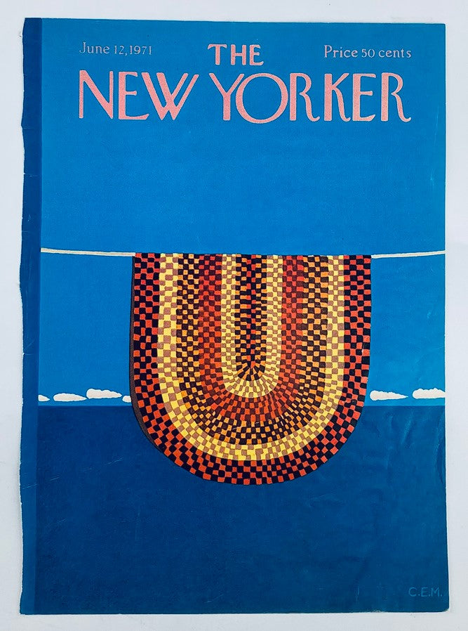 The New Yorker June 12 1971 Hanging Rug cover by Charles E. Martin, showcasing a colorful patterned rug with clouds in the sky background.
