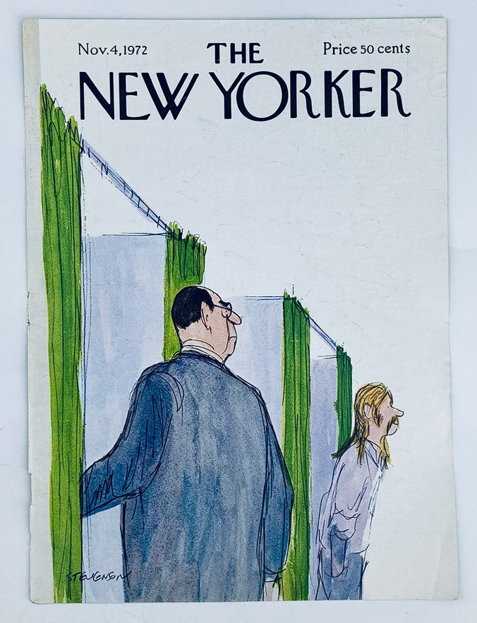 The New Yorker cover from November 4, 1972, titled 'A Hippie Votes,' illustrated by James Stevenson, showcasing a man in a suit alongside a hippie, highlighting the political engagement theme of the 1970s.