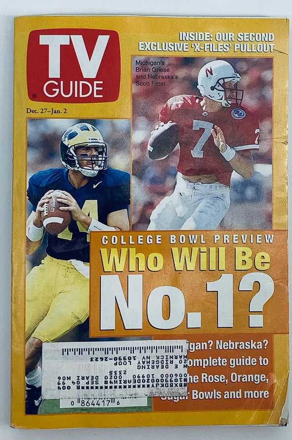 TV Guide Magazine from December 27, 1997 featuring Michigan's Brian Griese and Nebraska's Scott Frost on the cover, showcasing a College Bowl Preview.