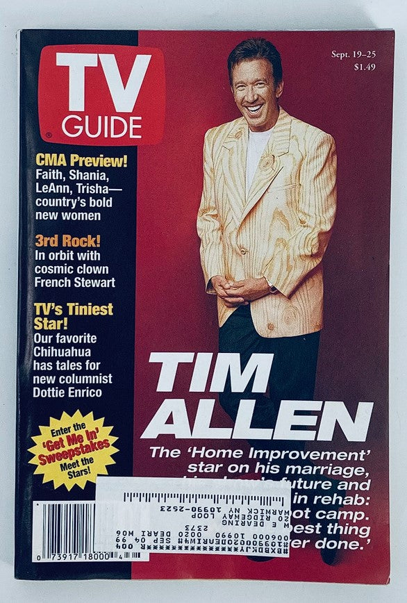 TV Guide Magazine cover featuring Tim Allen from September 19, 1998, with headlines about the CMA Preview, '3rd Rock,' and 'TV's Tiniest Star!'. This collectible issue showcases Tim Allen, known for 'Home Improvement', highlighting his insights into marriage and rehabilitation.
