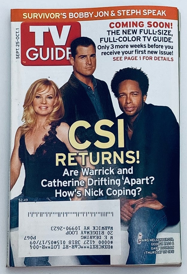 TV Guide Magazine cover from September 25, 2005 featuring actors Gary Dourdan and George Eads, with the headline 'CSI RETURNS!' highlighting the show's storyline and cast updates.