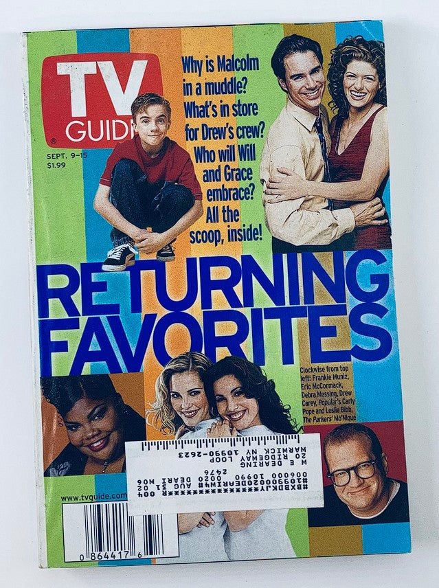 Cover of TV Guide Magazine dated September 9, 2000, featuring Leslie Bibb and Drew Carey, showcasing returning favorites in television, with vibrant graphics and promotional text about iconic shows from the era.