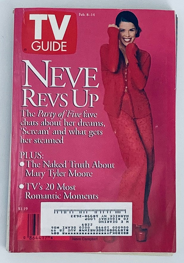 TV Guide Magazine February 8, 1997 featuring Neve Campbell on the cover, highlighting her role in 'Party of Five' with a vibrant pink background and engaging headlines.