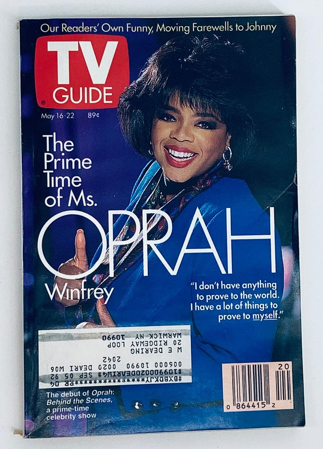 Cover of TV Guide Magazine from May 16, 1992, featuring 'The Prime Time of Oprah Winfrey'. The cover showcases Oprah smiling in a blue suit, emphasizing her prominence in television during the early '90s.