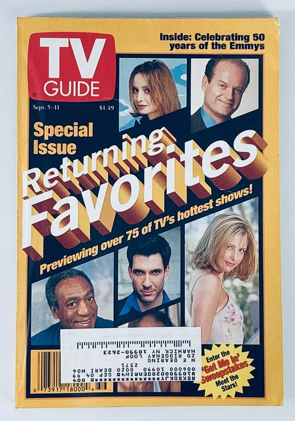 Cover of TV Guide Magazine from September 5, 1998, featuring Bill Cosby, Anthony Edwards, and other star actors. This New York Edition highlights the special issue on returning TV favorites and previews over 75 of the hottest shows. The cover includes the text 'Special Issue Returning Favorites' with vibrant graphics.