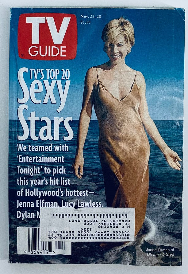TV Guide Magazine cover for November 22, 1997 featuring Jenna Elfman, highlighted as one of TV's Sexiest Stars, showcasing 90s television culture.
