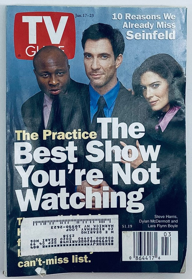 Cover of TV Guide Magazine January 17, 1998, featuring the stars Steve Harris, Dylan McDermott, and Lara Flynn Boyle, highlighting 'The Practice' as the best show you're not watching.