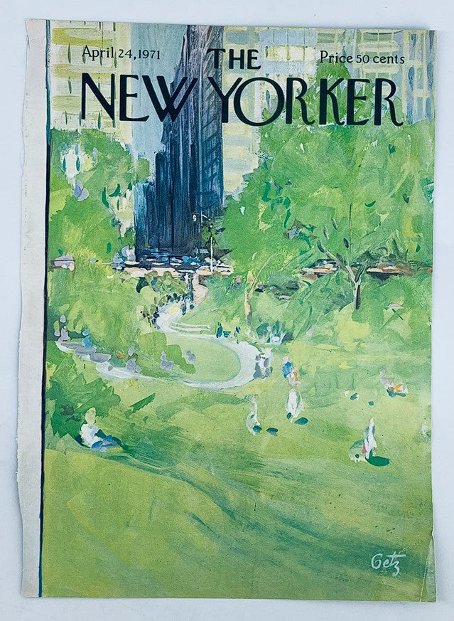 Cover of The New Yorker from April 24, 1971, showcasing a colorful depiction of Central Park by Arthur Getz, highlighting the serene park landscape filled with people.