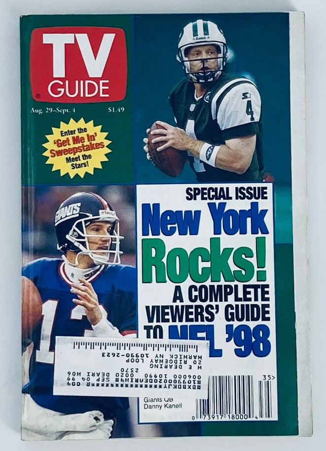 TV Guide Magazine cover from August 29, 1998, featuring Glenn Foley and Danny Kanell, with the title 'New York Rocks! A Complete Viewers' Guide to NFL '98'.