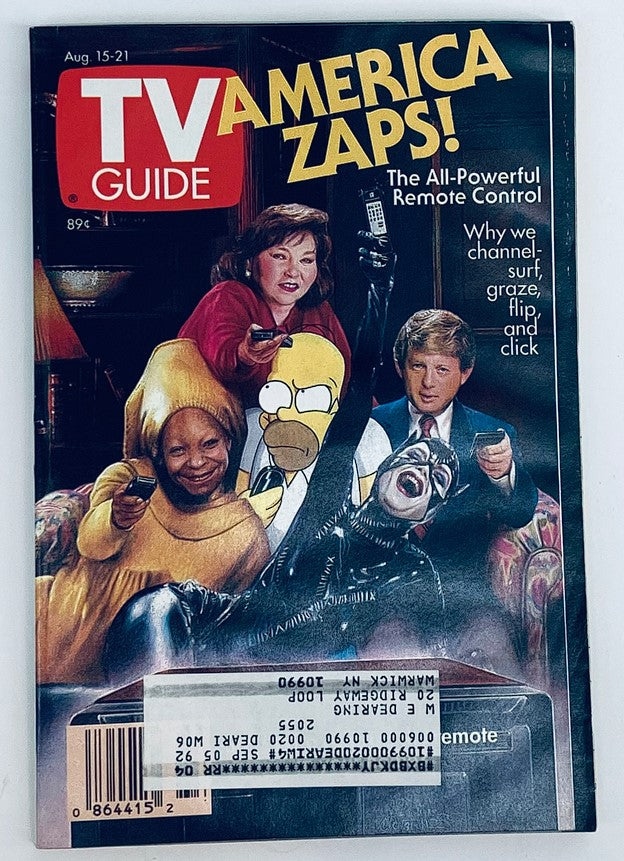 TV Guide Magazine cover from August 15-21, 1992, featuring characters such as Homer Simpson, Whoopi Goldberg, and a caricatured Catwoman promoting the theme 'America Zaps!' highlighting television culture and remote control usage.