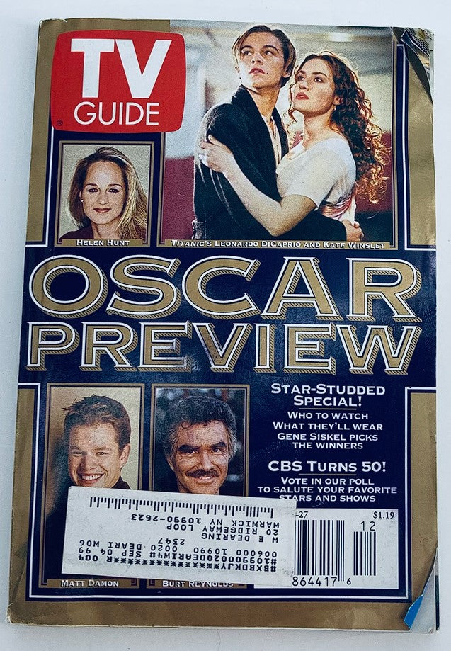 Cover of TV Guide Magazine March 21 1998 featuring a spotlight on Matt Damon and Leonardo DiCaprio, highlighting their rise to fame during the late 1990s. The issue includes an Oscar Preview section.
