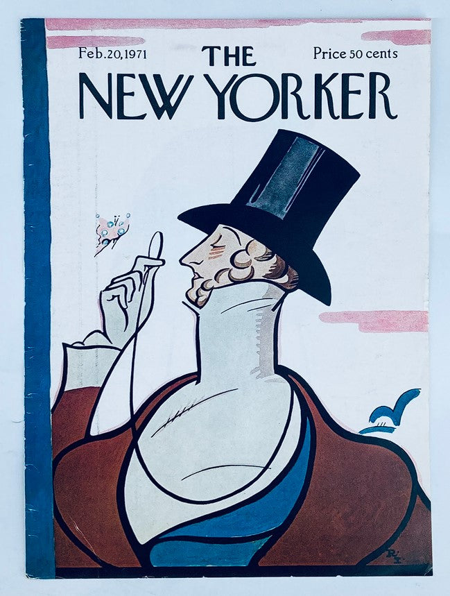 The New Yorker cover from February 20, 1971, titled 'The Gamemaster Tilley' by Rea Irvin, depicting a sophisticated character in profile, holding a gesture with a pastel-color backdrop.