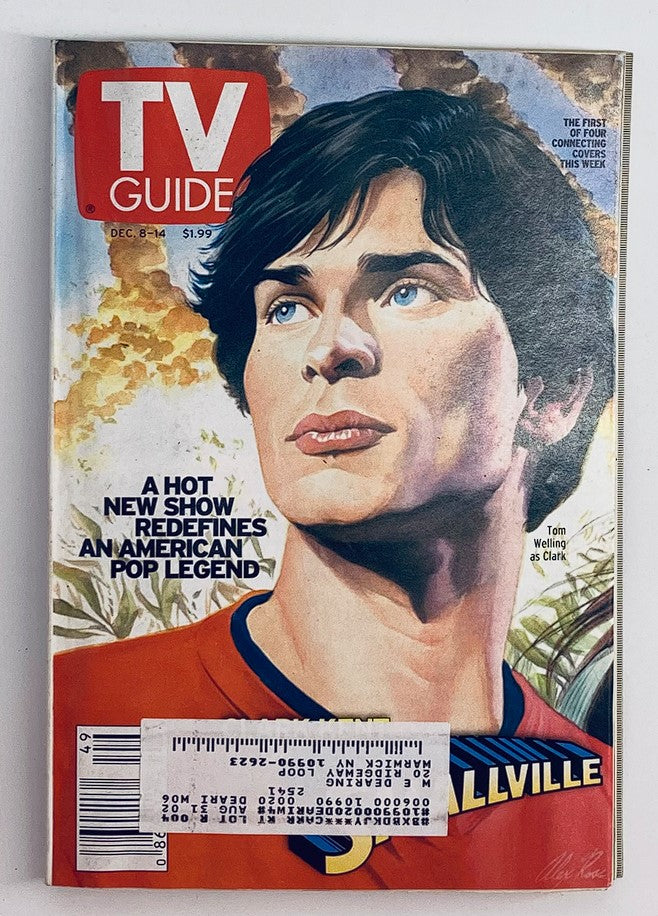 TV Guide Magazine from December 8, 2001, featuring Tom Welling as Clark Kent on the cover, highlighting the popularity of the show Smallville. Vintage collectible magazine for fans of television history.