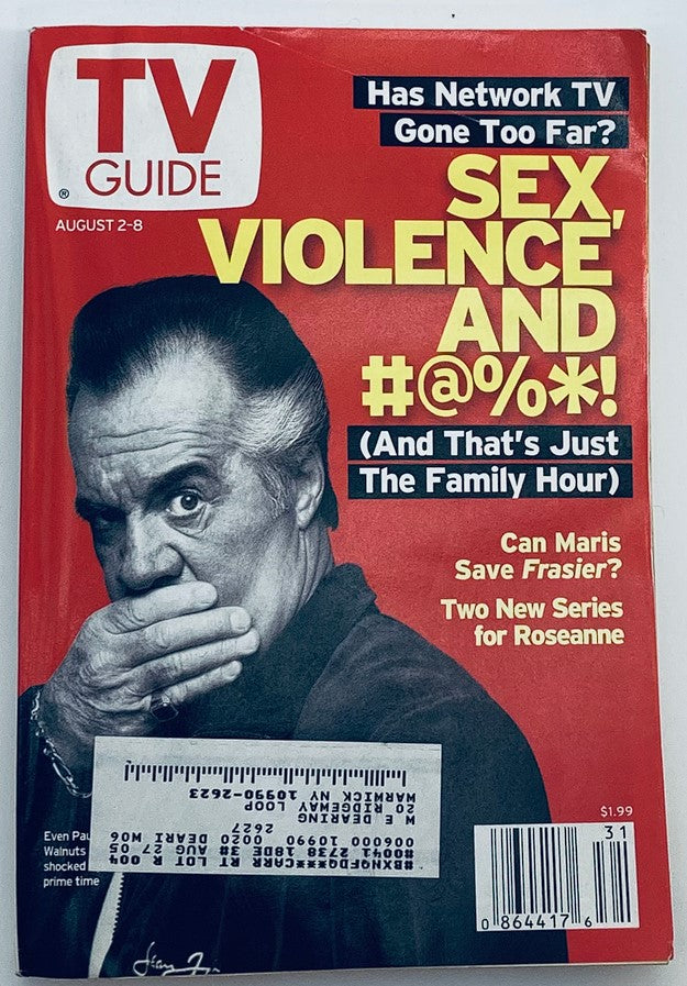 Cover of TV Guide Magazine August 2, 2003, featuring Tony Sirico, with headlines discussing network television's impact on society, and a feature on shows like Frasier and Roseanne.