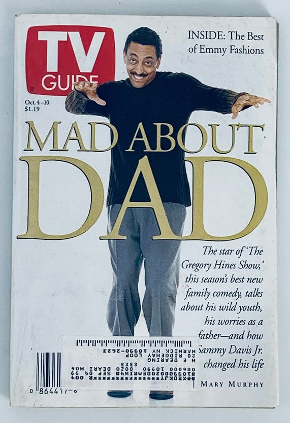 Cover of TV Guide magazine from October 4, 1997 featuring Gregory Hines on the cover with the title 'Mad About Dad'. The magazine showcases highlights from the television culture of the late 90s and includes features about Gregory Hines's contributions to comedy and entertainment.