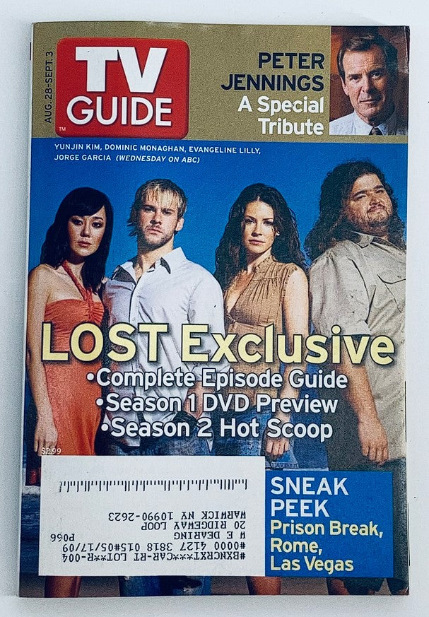 TV Guide Magazine August 28 2005 featuring Jorge Garcia and Peter Jennings on the cover, showcasing a special tribute to Peter Jennings, with promotional highlights for TV shows including Lost and Prison Break.