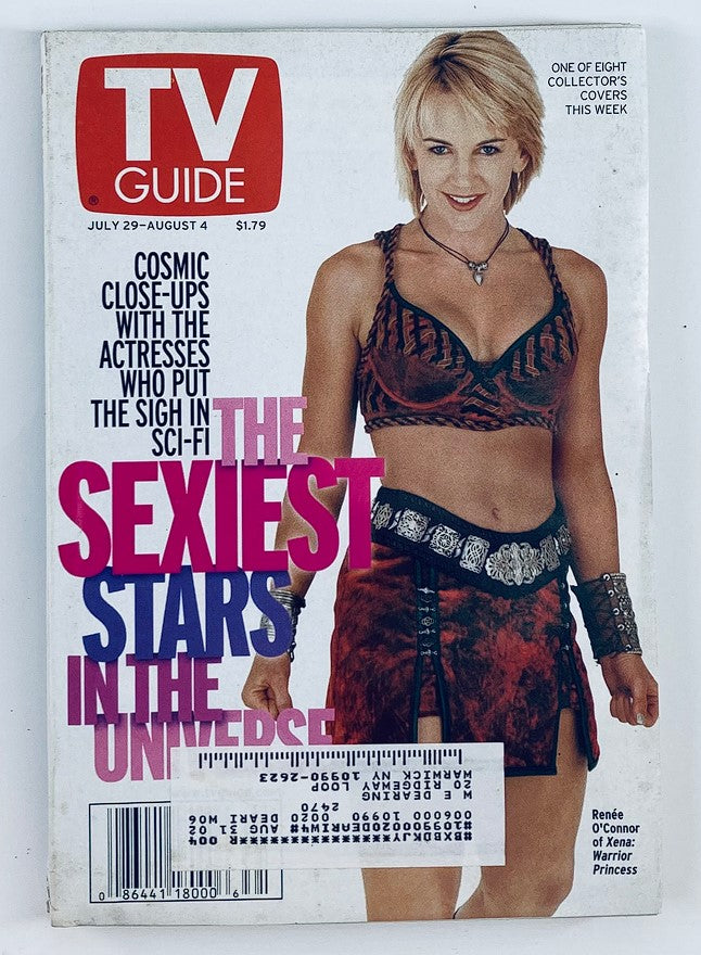 TV Guide Magazine July 29 2000 featuring Renee O'Connor as one of the sexiest stars, showcasing her iconic role in a sci-fi themed cover.