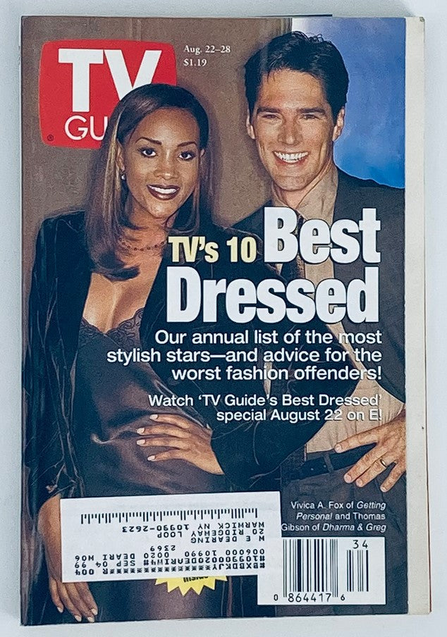 TV Guide Magazine cover from August 22, 1998, featuring Vivica A. Fox and Thomas Gibson, highlighting 'TV's 10 Best Dressed' with stylish celebrity insights.