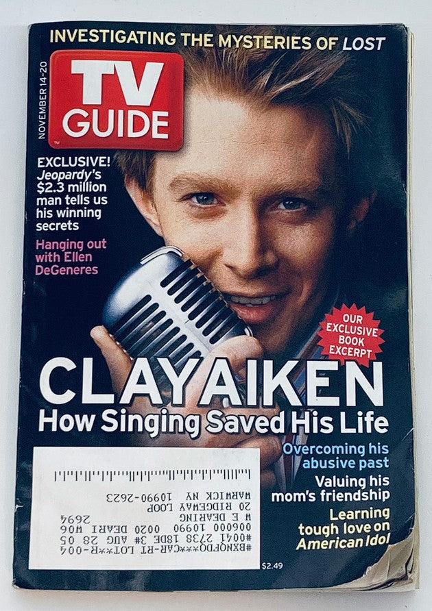 TV Guide Magazine November 14 2004 featuring Clay Aiken on the cover, highlighting his story, with a microphone in hand, and a focus on his journey from American Idol. The issue is indicative of early 2000s reality TV culture.
