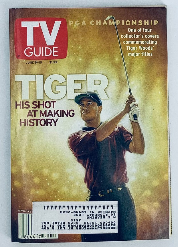 TV Guide Magazine June 9 2001 featuring Tiger Woods on the cover, highlighting his PGA Championship legacy with the tagline 'Tiger His Shot at Making History'. Perfect collectible for golf enthusiasts and vintage magazine collectors.