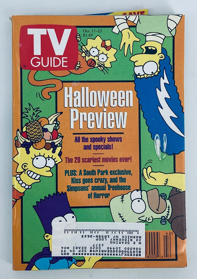 Cover of TV Guide Magazine dated October 17, 1998, featuring a Halloween preview with images of The Simpsons characters, including Homer, Marge, and Bart. Highlights include spooky shows and movies, as well as the Simpsons' annual Treehouse of Horror.