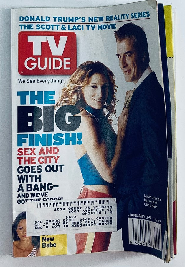 Cover of TV Guide Magazine January 3, 2004 featuring Chris North and Sarah Jessica Parker, highlighting their iconic roles in 'Sex and the City' with a nostalgic design.