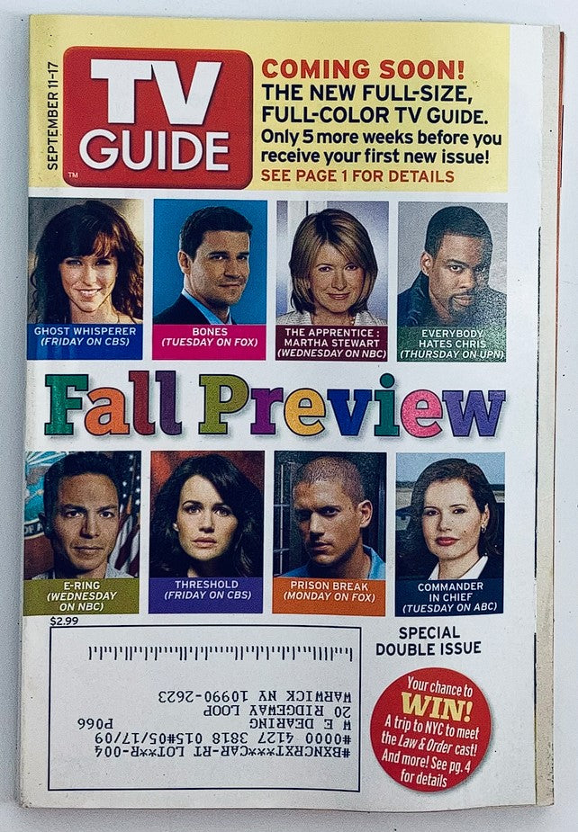 Cover of TV Guide Magazine from September 11, 2005, featuring a Fall Preview with iconic TV shows. Highlights include Ghost Whisperer, Bones, The Apprentice, Everybody Hates Chris, Threshold, Prison Break, and Commander in Chief. The magazine showcases actors and programming relevant to the era, making it a notable collectible for fans of David Boreanaz and Geena Davis.