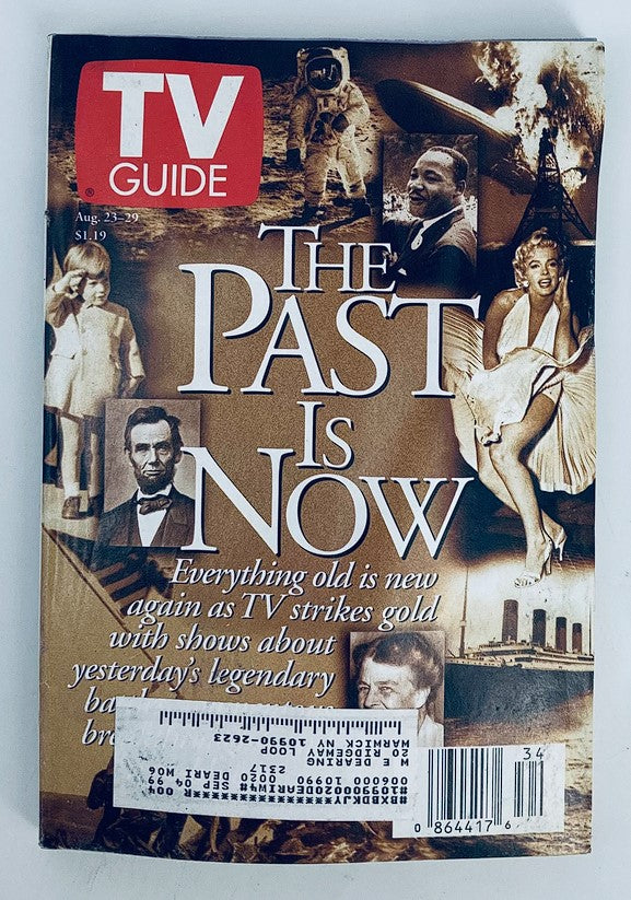 Cover of TV Guide Magazine from August 23, 1997, featuring John F. Kennedy Jr. and Abe Lincoln, captioned 'The Past Is Now', showcasing a blend of pop culture and historical significance.