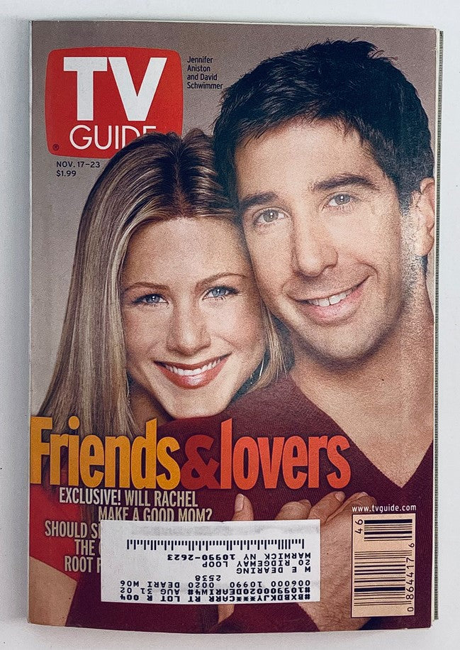 TV Guide Magazine November 17, 2001 cover featuring Jennifer Aniston and David Schwimmer, stars of the sitcom 'Friends', with a headline about Rachel's motherhood storyline.