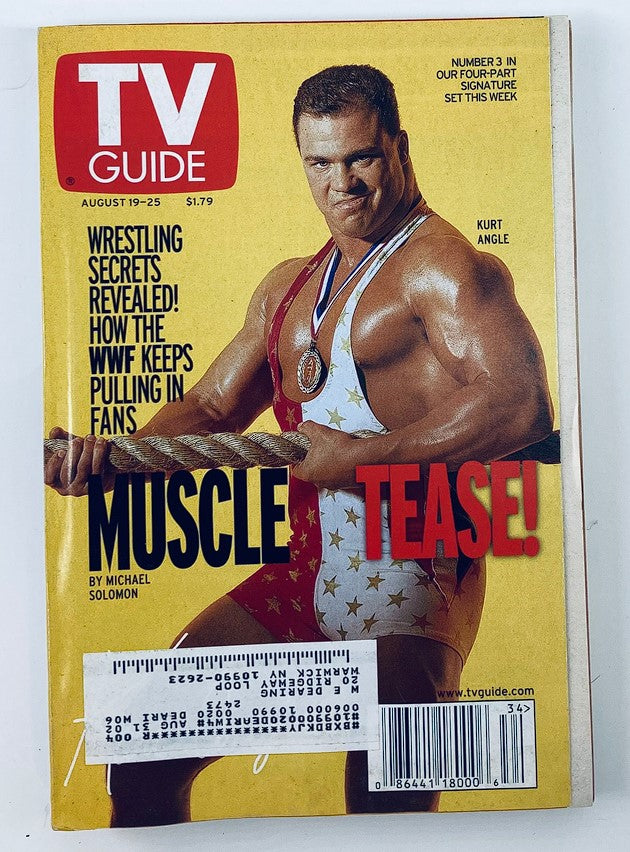 TV Guide Magazine August 19 2000 featuring Kurt Angle on the cover, highlighting wrestling secrets and his iconic Muscle Tease pose, a collectible piece of wrestling history.