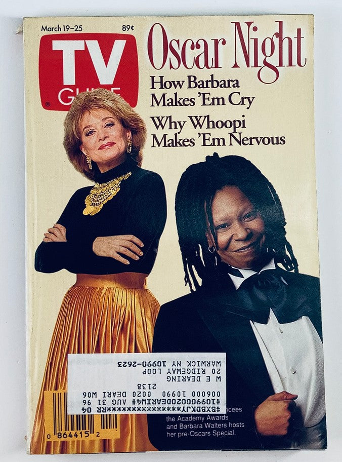 Cover of TV Guide Magazine dated March 19, 1994, featuring Whoopi Goldberg and Barbara Walters with the headline 'Oscar Night' and articles about their contributions to entertainment.