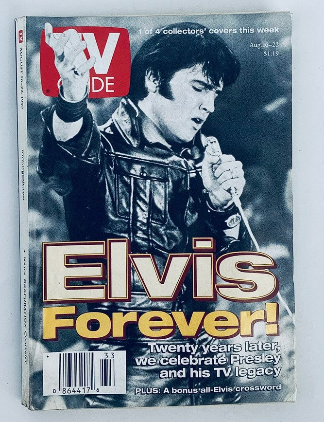 TV Guide Magazine August 16 1997 featuring Elvis Presley on the cover, celebrating his legacy with the headline 'Elvis Forever!' The cover highlights the magazine's focus on the King of Rock and Roll twenty years after his passing, showcasing a nostalgic look at his TV history.