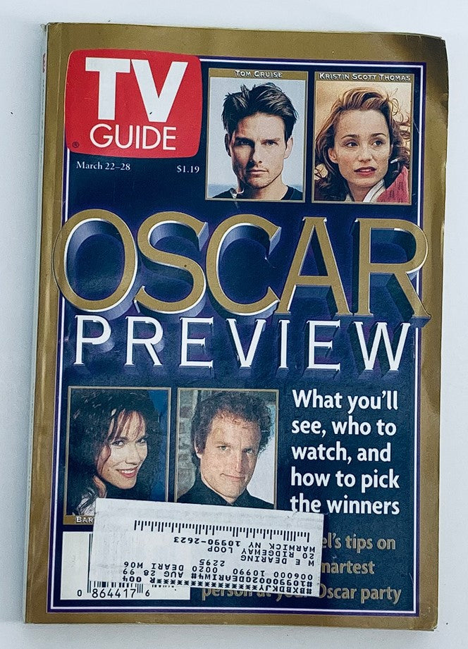 Cover of TV Guide Magazine March 22, 1997, featuring Tom Cruise, Woody Harrelson, and Kristin Scott Thomas with the headline 'Oscar Preview'.