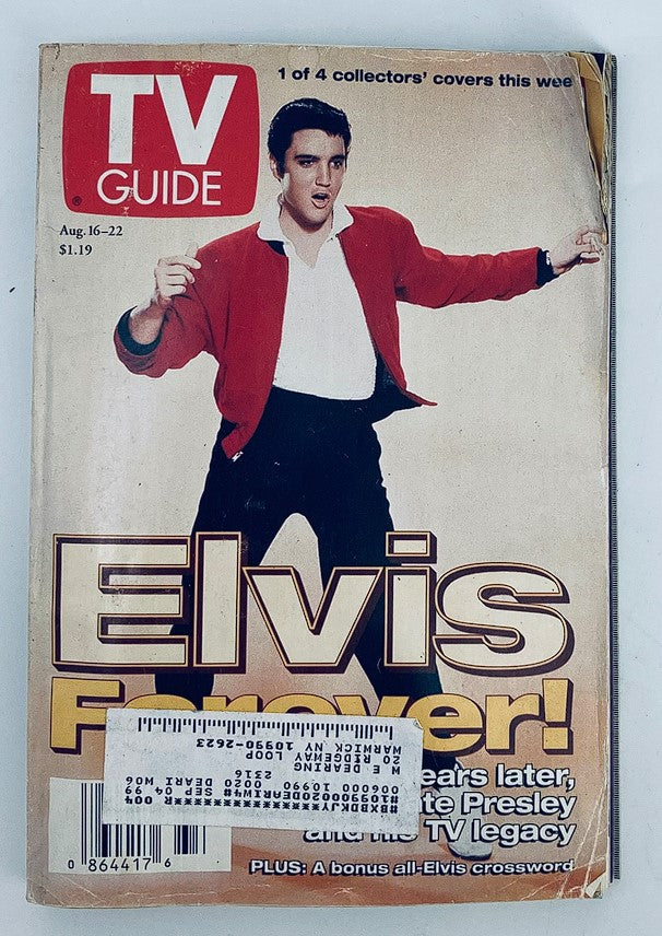 Cover of TV Guide Magazine from August 16, 1997, featuring Elvis Presley on the front with the headline 'Elvis Forever!' This collectible issue is part of the NY Metro Edition and commemorates the legacy of the King of Rock and Roll.