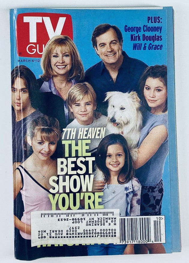 Cover of TV Guide Magazine dated March 6, 1999, featuring Jessica Biel and Stephen Collins. Highlights include '7th Heaven' and the tagline 'The Best Show You’re' with additional mentions of George Clooney, Kirk Douglas, and 'Will & Grace', showcasing notable figures from late 90s television.