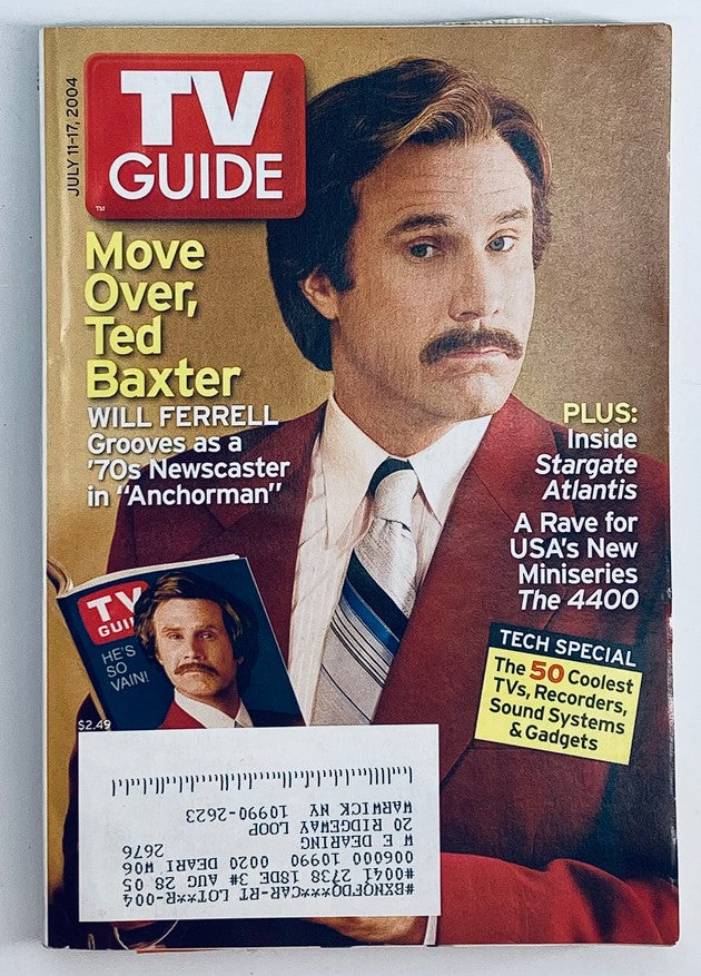 Cover of TV Guide Magazine, July 11, 2004, featuring Will Ferrell as a newscaster in a classic 70s style. The magazine highlights his role from the film 'Anchorman' and includes the title 'Move Over, Ted Baxter'.