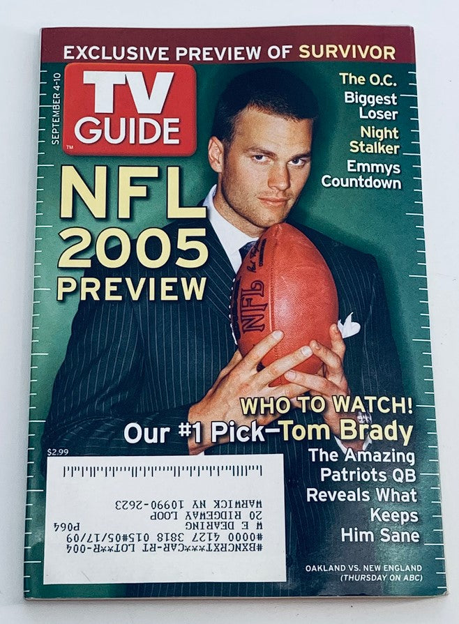 TV Guide Magazine cover from September 4, 2005, featuring Tom Brady for the NFL 2005 Preview. The cover highlights key NFL insights, team predictions, and the notable cover story on the Patriots quarterback, making it a collectible piece of sports history.