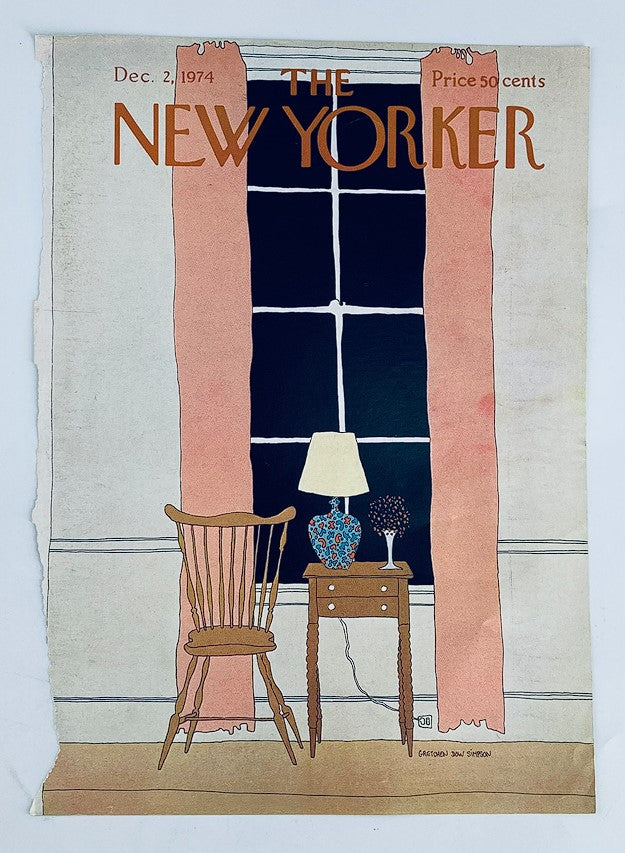 COVER ONLY The New Yorker December 2 1974 Table & Chair illustration by Gretchen Dow Simpson, showcasing a vintage design with a chair, lamp, and a floral vase beside a window, capturing mid-century artistic style.