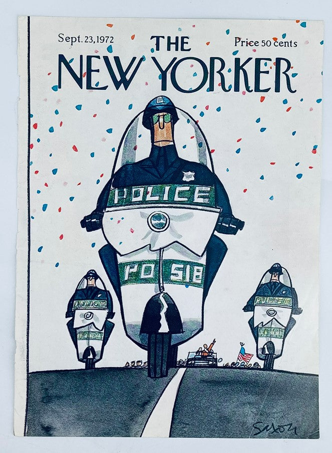 Cover of The New Yorker, September 23, 1972, showcasing the artwork 'Police & Parade' by Charles Saxon, illustrating a police motorcycle parade with vibrant confetti accents.