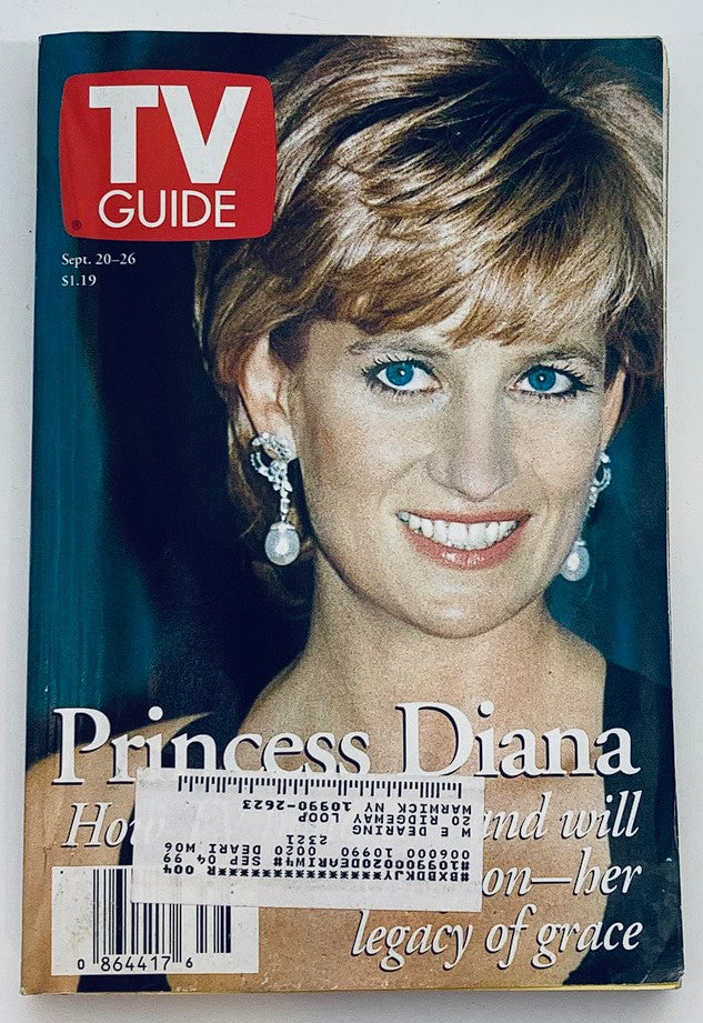 Cover of TV Guide Magazine from September 20, 1997, featuring Princess Diana of Wales. The magazine displays a vibrant image of the beloved royal with a smiling expression, adorned with elegant earrings, showcasing a nostalgic glimpse into 90s pop culture.