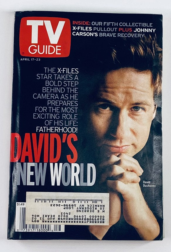 TV Guide Magazine cover from April 17, 1999, featuring David Duchovny and the headline 'David's New World.' The cover highlights Duchovny's role in 'The X-Files' and discusses his new venture into fatherhood.