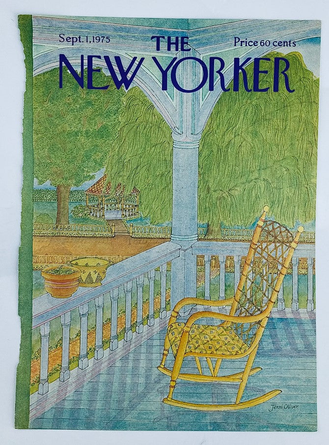 COVER ONLY The New Yorker September 1 1975 featuring Rocking Chair artwork by Jenni Oliver, showcasing a vintage design of a rocking chair on a porch surrounded by greenery.