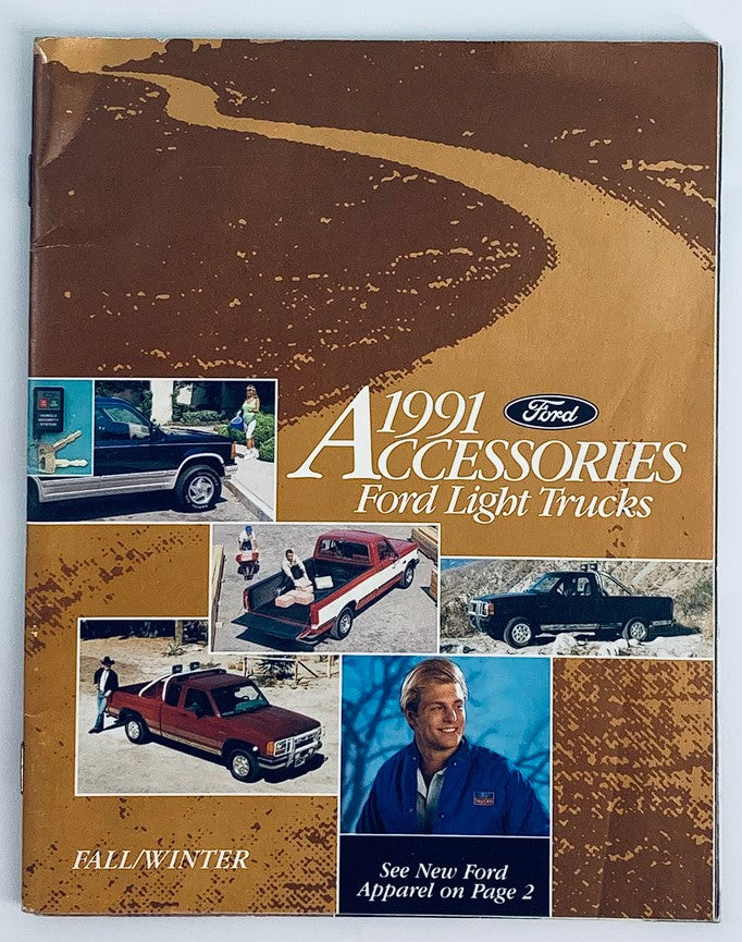 1991 Fall Ford Accessories Light Trucks Showroom Sales Brochure Guide Catalog cover featuring Ford light trucks and accessories, with images of vehicles and a male model.