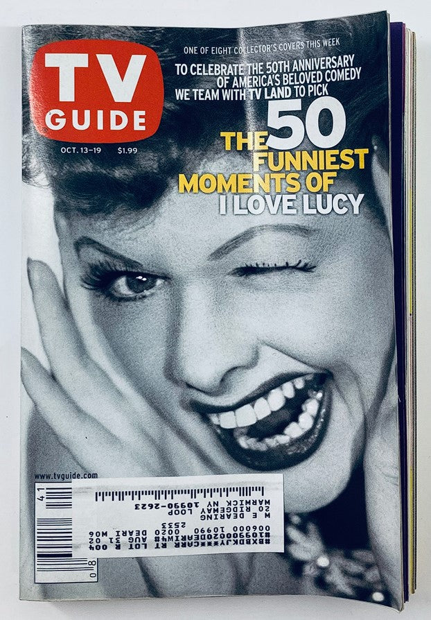 Cover of TV Guide Magazine from October 13, 2001, featuring Lucille Ball, celebrating 'I Love Lucy' with the headline 'The 50 Funniest Moments of I Love Lucy'.