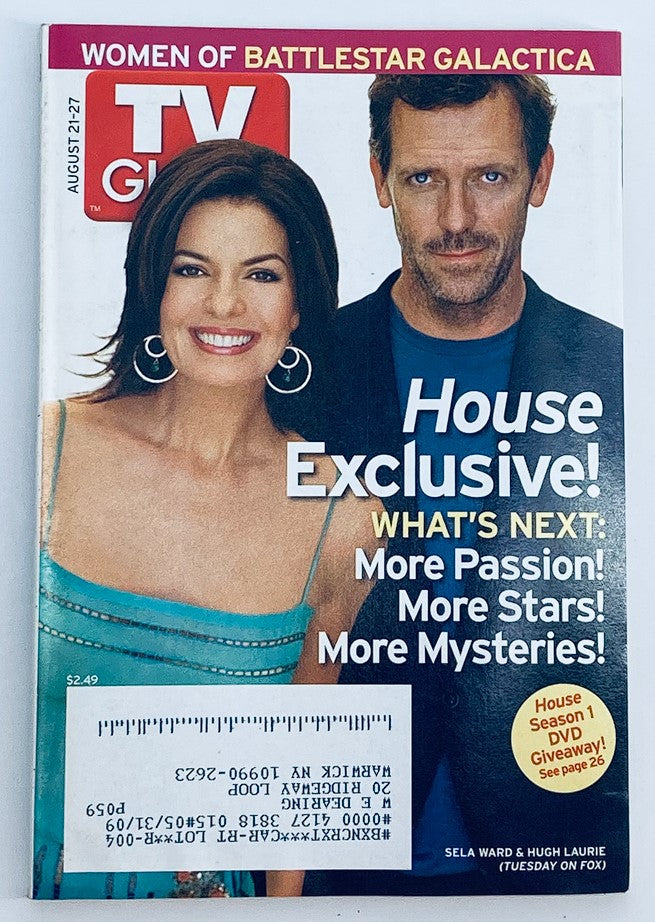 TV Guide Magazine cover from August 21, 2005, featuring Hugh Laurie and Sela Ward. Highlights topics like 'House' exclusives and upcoming TV shows.