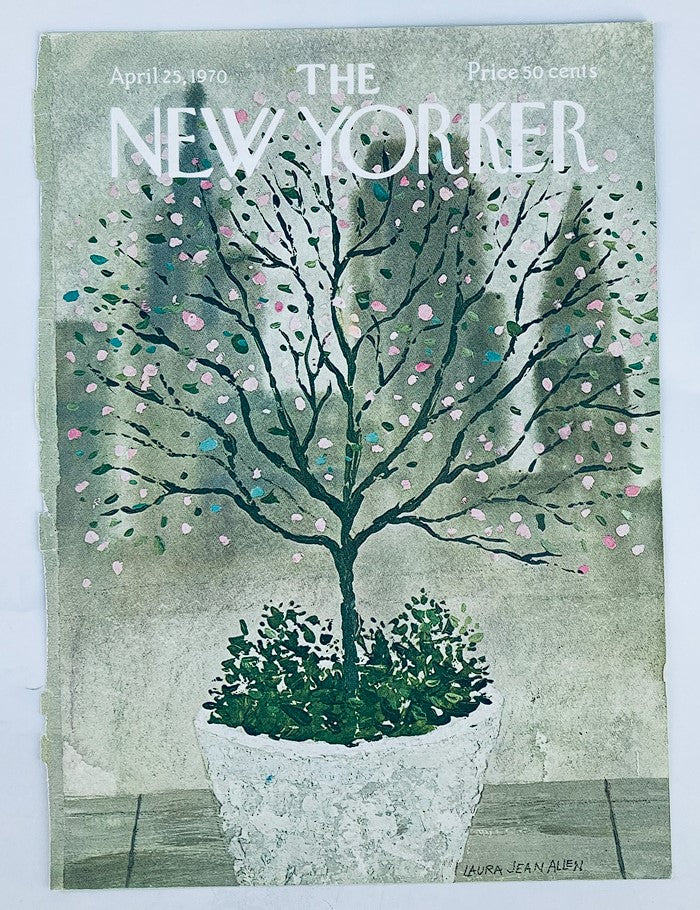 COVER ONLY The New Yorker April 25 1970, featuring 'Empty Plant' artwork by Laura Jean Allen. This vintage magazine cover showcases a delicate tree in a pot with pink blossoms, embodying the artistic style of the early 1970s.
