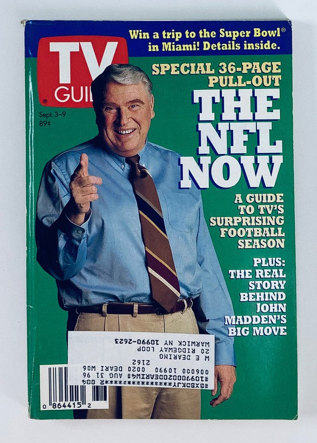 TV Guide Magazine featuring John Madden on the cover, dated September 3, 1994. The cover highlights 'The NFL Now' and includes details about a 36-page pull-out guide to TV's football season.